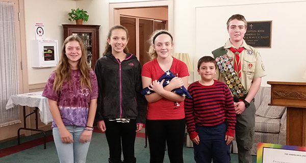 Shown in the picture from left to right are former Girl Scouts Kayla Poma, Kaitlyn Vitiello, and Cassie Valentine, Webelo Scout Tom Nee, and Eagle Scout Cameron Valentine.