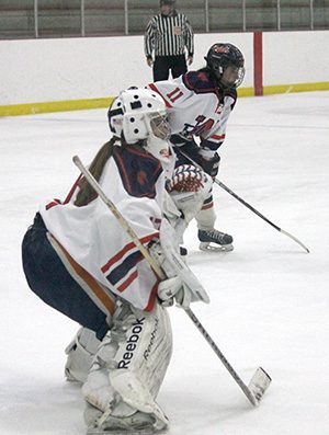 Rebel goaltender Francesca Bonanno (17) was phenomenal on Wednesday night, stopping 25 of 27 shots in the winning effort. Photo by Michael Flanagan