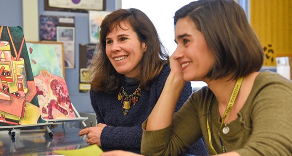 Needham Art in Bloom Co-Chair Allison Shapiro (left) and Needham High School art teacher Shireen Yadollahpour.