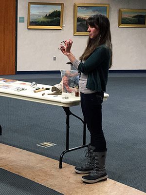 Photos by Katrina Margolis Katie Metzger, from Land’s Sake Farm, demonstrated the different tools used in maple sugaring, including a spile