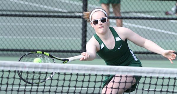 One of the strengths of Delaney Griffiths’s game is her play at the net; it played a major role in the senior captain winning matches in 2017, and eventually, leading her team to a conference championship. Photos by Louise Tharrett
