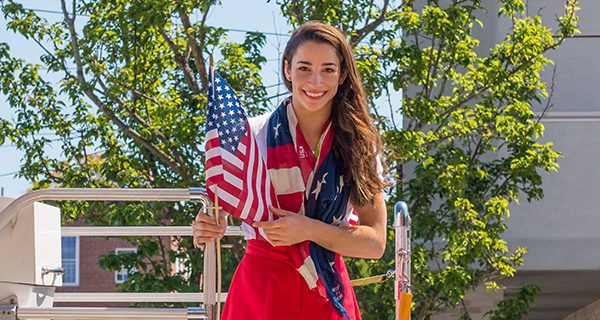 Aly Raisman won two silver individual medals and one team gold medal at the Olympic games in Rio, and arrived home in Needham to a massive crowd of supporters last August. Photos by Michael Flanagan and Adam Witham
