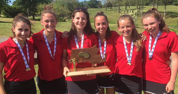 Girls golf – The Wellesley High School girls golf team poses with their MIAA championship trophy following their Division I state title win at Heritage Country Club on June 14.
