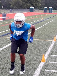 Photos by DS Athletics Tylan Mendes does some footwork drills during training camp as the junior prepares to taking on the role of starting fullback while also holding down a starting linebacker spot on defense.