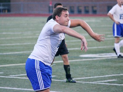 DS senior defender Mike Cellucci (pictured) heaves the ball towards the cage from the sidelines during an inbound early in the second half.