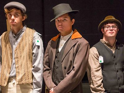 First costume fitting for the gents, left to right: Cam MacKinnon (Jonas Fogg main cast, Judge Turpin understudy), Alex Wagner (Adolfo Pirelli understudy), Max Moore (Ensemble).