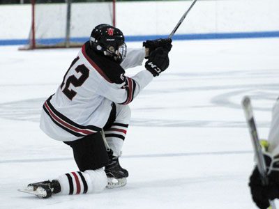 Sophomore defenseman Jack Hughes (12) celebrates after converting the game-tying goal on the power play for Wellesley midway through the first period of Friday night’s 4-3 win over Needham.