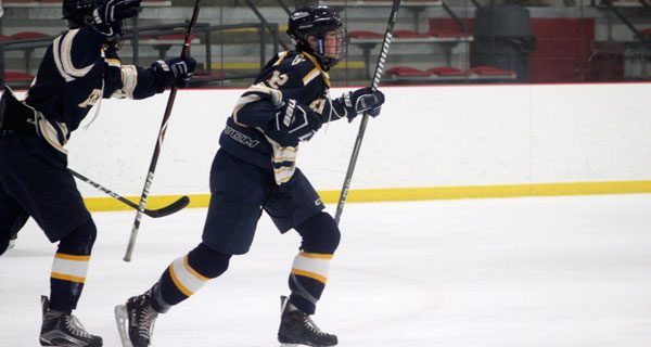 Needham junior forward Kurt Brinkhaus (12) celebrates his second goal of the evening during Needham’s 4-4 tie with No. 5 Xaverian on Wednesday night.