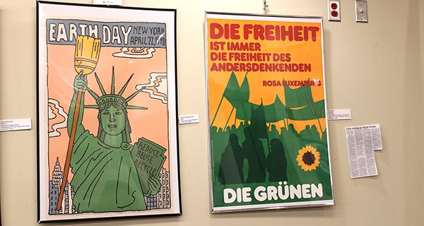 Next to a poster from Germany’s Green party is one of the United State’s Earth Day posters, which features an environmentally friendly Statue of Liberty. Photos by Laura Drinan