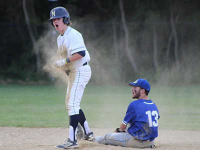Steve Donocan (pictured) celebrates at second base after a lead-off double against Braintree. Photos by Michael Flanagan