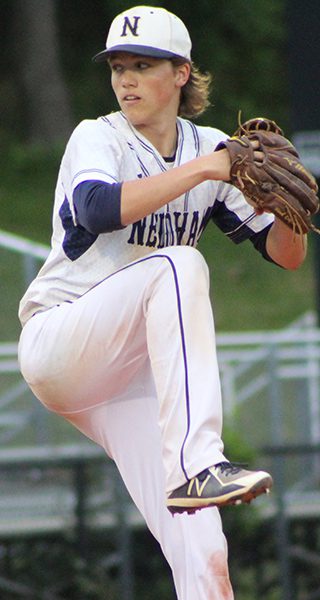 Tom Chmielewski (pictured) fires in a strike during Needham baseball’s 5-4 walk-off win over Braintree on Thursday. Photos by Michael Flanagan