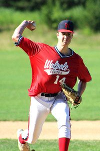 Cam Schlittler (pictured) unleashes a curveball in the bottom of the first inning of Friday night’s 6-0 victory over Foxboro. Photos by Michael Flanagan