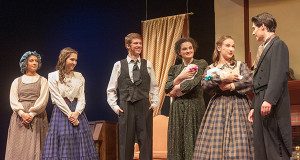 Hannah (Arden Caldicott), Amy (Kjira Corning), John Brooke (Jack Bowen), Marmee (Olivia Barrows), Jo (Katherine Roer), and Laurie (Aiden Levinson) admire the new Brooke twins in Little Women.