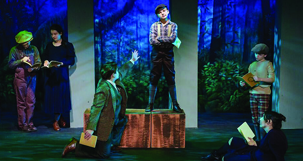 The actors in the play within a play. (From left to right: Snug (Jamie Duffy), Tom Snout (Louisa Rossano), Nick Bottom (Connor Federico - Grome), Francis Flute (Thatcher Brown), Robin Starveling (Cameron Morken), Peter Quince (Sarah French). Photos by John Harmon of Sandy Sandwich Productions