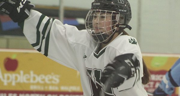 Pictured celebrating a first period goal, senior captain and center Kat Keith led the Westwood High girls hockey team to a 3-0 victory at Medfield/Norton on Saturday night with a pair of goals and an assist.