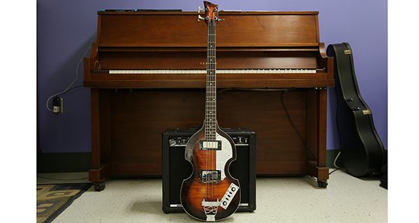 One of the five basses Aiden Collins assembled by hand for the Dover-Sherborn Middle School. Photos by Alex Oliveira