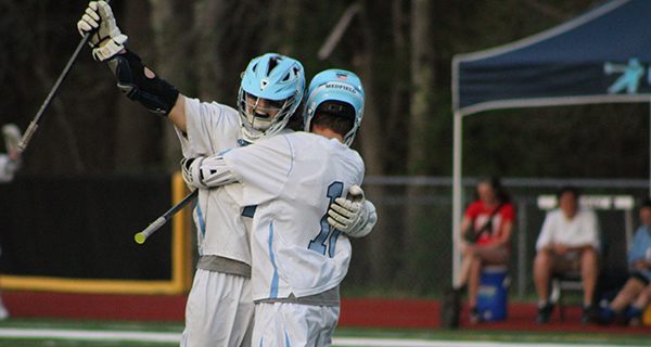 Pictured last season against Westwood, Mikey Tyer (40) and Jake Sherman (10) will look to be featured pieces of Medfield’s offense once again in 2019.