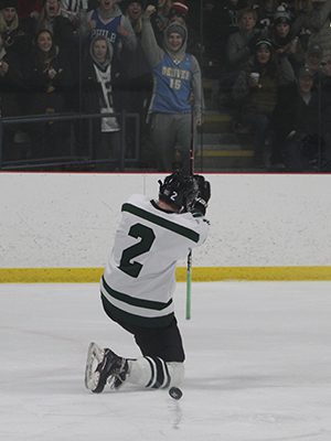 Senior captain/forward Conor Donohue (2) celebrates following his would-be game-winning power play goal midway through the second period of Westwood’s 2-1 quarterfinal victory over Bishop Feehan on Saturday. Photos by Michael Flanagan