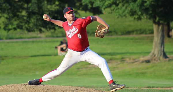 Matt Donato (pictured) fires home a pitch while closing out Walpole Legion’s 5-4 comeback victory against Needham on Monday. Photos by Mike Flanagan